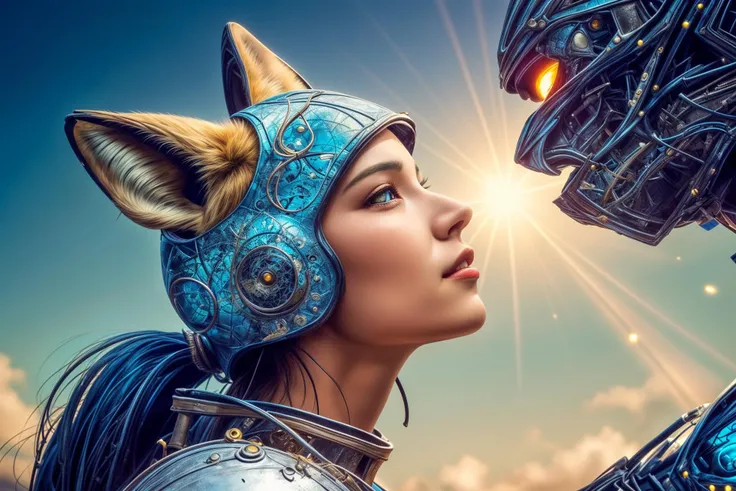<lora:methurlant:1> methurlant, fox girl, (from side:0.3), armor helmet, mecha, cinematic, cyberpunk, futuristic, dark theme, reflected light, zentangle, fractal art, cylinder, surrealism, <lora:add_detail:1> abandoned ruin at background, detailed background, wolf ears, white kimono, fox tail, light particles, falling flower petals,