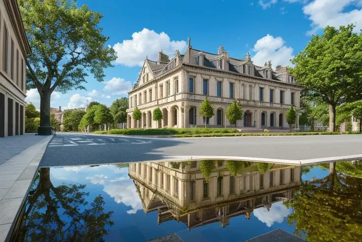 (masterpiece),(high quality), best quality, real,(realistic), super detailed, (full detail),(4k),scenery, tree, outdoors,building, sky, road, window, reflection, street, day