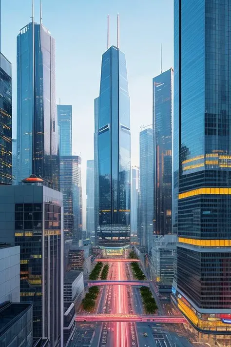 ((Best quality)), ((masterpiece)), ((realistic)), portray a towering highrise office building in a futuristic cityscape. Capture the bustling atmosphere and vibrant neon lighting. The modern and sleek architectural style should be emphasized, showcasing the building's grandeur. Use a digital rendering medium to create a photorealistic concept art. Employ cool tones like blue and silver to evoke a futuristic ambiance. Utilize CGI and ray tracing techniques for high-definition details