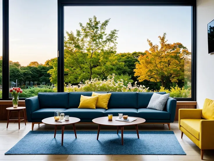 photorealistic modern living room, sharp and crisp background, sofa, low table, bookshelf, parks and buildings from window, wood and flower, beautiful landscape, best quality, masterpiece, hires, in the morning light, detailed lighting, blue sky, (((photo))), (((photorealistic))) ,kkw-ph1, wide shot, sunset, golden hour, nice perspective, bokeh, (best quality:1.2),(blurry foreground:1.2), depth of field