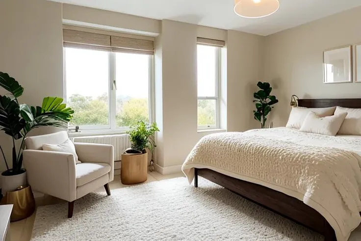 bedroom, cozy, comfortable, muted, cream, wall, ambiance, bedside lamp, soft, harmonious, bedding, pillows, minimalist, writing desk, chair, window, scenic, plants, decor, natural, lively, rest, family, friends.