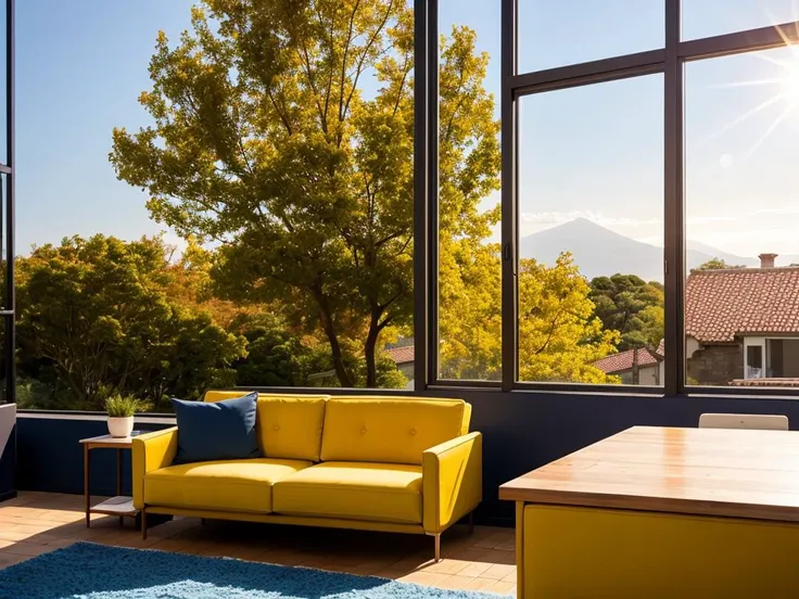 photorealistic modern living room, sharp and crisp background, sofa, low table, bookshelf, parks and buildings from window, wood and flower, beautiful landscape, best quality, masterpiece, hires, in the morning light, detailed lighting, blue sky, (((photo))), (((photorealistic))) ,kkw-ph1, wide shot, sunset, golden hour, nice perspective, bokeh, (best quality:1.2),(blurry foreground:1.2), depth of field, sun flair