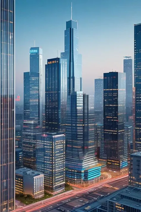 ((Best quality)), ((masterpiece)), ((realistic)), portray a towering highrise office building in a futuristic cityscape. Capture the bustling atmosphere and vibrant neon lighting. The modern and sleek architectural style should be emphasized, showcasing the building's grandeur. Use a digital rendering medium to create a photorealistic concept art. Employ cool tones like blue and silver to evoke a futuristic ambiance. Utilize CGI and ray tracing techniques for high-definition details