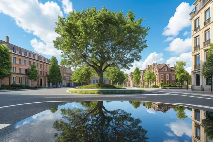 (masterpiece),(high quality), best quality, real,(realistic), super detailed, (full detail),(4k),scenery, tree, outdoors,building, sky, road, window, reflection, street, day