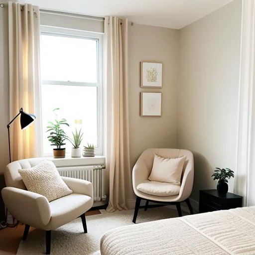 bedroom, cozy, comfortable, muted, cream, wall, ambiance, bedside lamp, soft, harmonious, bedding, pillows, minimalist, writing desk, chair, window, scenic, plants, decor, natural, lively, rest, family, friends.