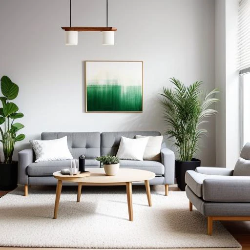 living room, bright, modern, simple, comfortable, walls, creamy white, dark gray, carpet, tranquil, cozy, sofa, gray fabric, soft cushions, wooden coffee table, painting, artistic, potted green plants, natural vitality, tasteful, warm, family gatherings, hanging out, friends, unwinding.