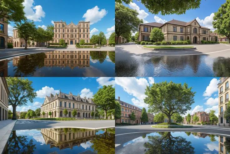 (masterpiece),(high quality), best quality, real,(realistic), super detailed, (full detail),(4k),scenery, tree, outdoors,building, sky, road, window, reflection, street, day