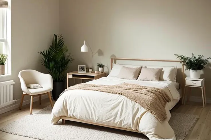 bedroom, cozy, comfortable, muted, cream, wall, ambiance, bedside lamp, soft, harmonious, bedding, pillows, minimalist, writing desk, chair, window, scenic, plants, decor, natural, lively, rest, family, friends.