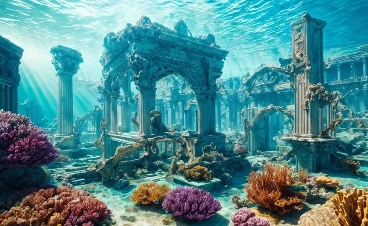 ((breathtaking underwater marble palace ruins)), Sunlight filters through the water casting mesmerizing patterns on the sandy seabed, colorful fish, vivid colors, blue lighting, photorealism, intricate details, extremely detailed, masterpiece, Outstanding intricacies, best quality, hires textures, high detail, incredibly detailed, ethereal, Cinematic photography, mood, cinematic light, compelling composition, storytelling elements, conveys emotion, <lora:add_detail:1>