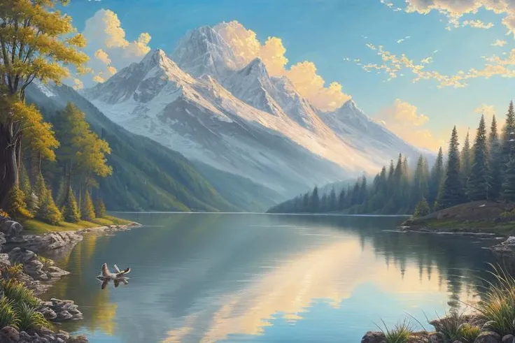 {{sunshine, lake, mountain, a bird is flying}},(best quality), masterpiece, best quality, high quality,scenery, outdoors,landscape, professional (landscape painting) of nature,Depth of Field,Photorealistic,extremely detailed,High Detail, (ultra highres), (hyper-detailed), (super detail:1.3), professional lighting
