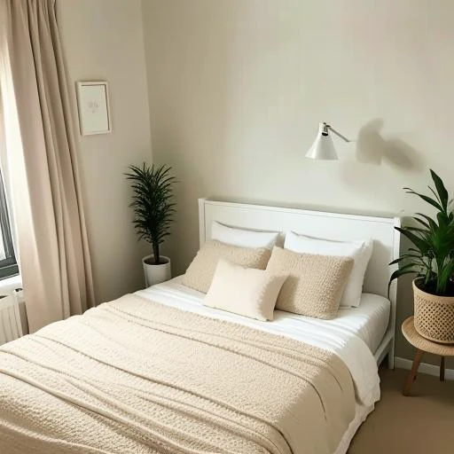 bedroom, cozy, comfortable, muted, cream, wall, ambiance, bedside lamp, soft, harmonious, bedding, pillows, minimalist, writing desk, chair, window, scenic, plants, decor, natural, lively, rest, family, friends.