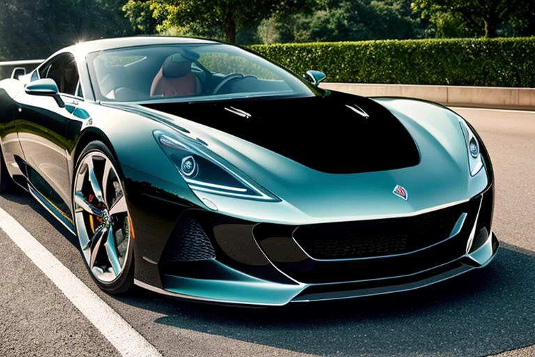1 car, sleek lines, polished paint, sparkling chrome, aerodynamic curves, stylish wheels, elegantly designed headlights.