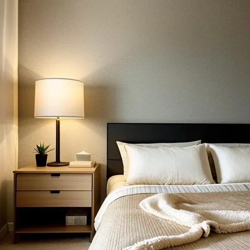 bedroom, cozy, comfortable, muted, cream, wall, ambiance, bedside lamp, soft, harmonious, bedding, pillows, minimalist, writing desk, chair, window, scenic, plants, decor, natural, lively, rest, family, friends.