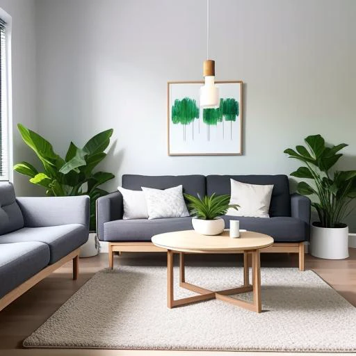 living room, bright, modern, simple, comfortable, walls, creamy white, dark gray, carpet, tranquil, cozy, sofa, gray fabric, soft cushions, wooden coffee table, painting, artistic, potted green plants, natural vitality, tasteful, warm, family gatherings, hanging out, friends, unwinding.