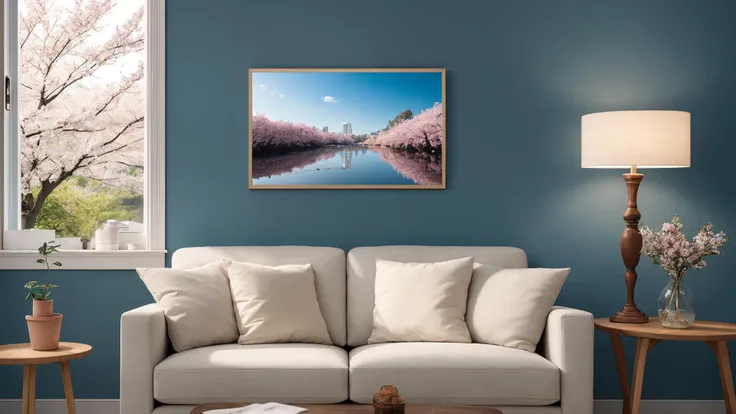 photorealistic modern living room, sharp and crisp background, sofa, low table, bookshelf, cherry blossoms from window, very beautiful landscape, best quality, masterpiece, ultra high res, in the morning light, detailed lighting, blue sky, (((photo))), (((photorealistic))) ,kkw-ph1, wide shot