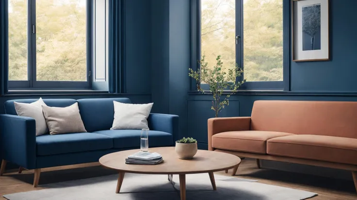 photorealistic modern living room, sharp and crisp background, sofa, low table, bookshelf, parks and buildings from window, wood and flower, beautiful landscape, best quality, masterpiece, hires, in the morning light, detailed lighting, blue sky, (((photo))), (((photorealistic))) ,kkw-ph1, wide shot, web meeting background