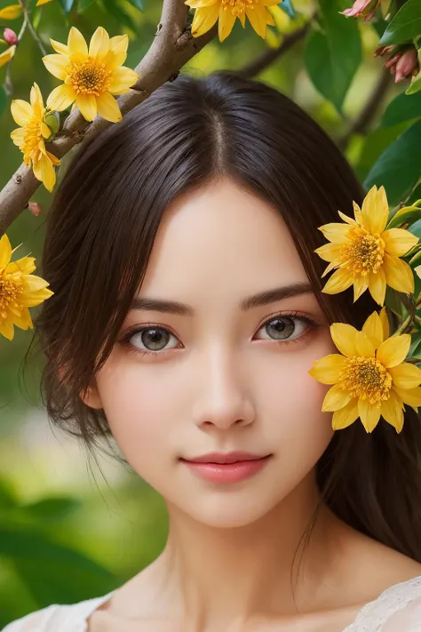 portrait, masterpiece, best quality, ultra-detailed, floating, beautiful detailed eyes, detailed light, fruits, flowers, colorful, garden, colorful background, forest, bird, butterfly