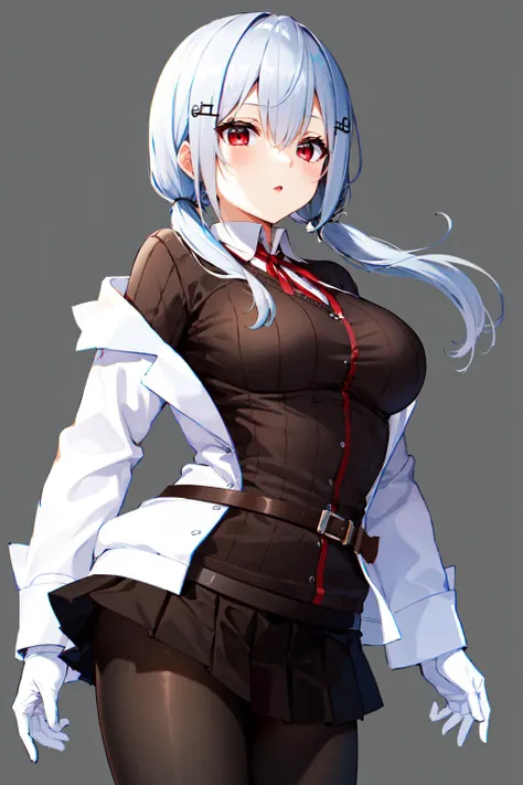 best quality, amazing quality, very aesthetic, absurdres, (1girl, mutsuki, blue archive, solo, red eyes, white hair, side ponytail), (hate face, angry), (torn skirt:2), (cowboy shot), (from above:0.2), (glowing eyes), (half closed eyes:0.9), (thigh),, perfect anatomy, (gray background:1.5), clear eyes, beautiful face, small breasts, (Chiaroscuro:1.5), (highres:2), undressing