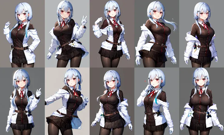 masterpiece, best quality, highres, hmhy1, low twintails, hair ornament, large breasts, red ribbon, collared shirt, sweater, labcoat, open clothes, off shoulder, long sleeves, flower, belt, white gloves, pleated skirt, black pantyhose, <lora:hakase_fuyuki_v1-3:0.7>, cowboy shot, standing, simple background,