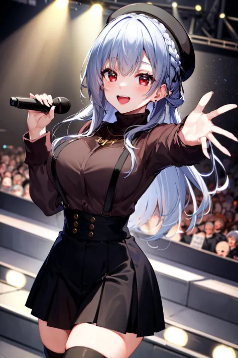 masterpiece, best quality, highres, hmhy1, hat, black thighhighs, suspender skirt, jewelry, necklace, long sleeves, large breasts, beret, turtleneck sweater, black sweater, <lora:hakase_fuyuki_v1-3:0.7>, cowboy shot, stage, holding microphone, singing, smile, open mouth, reaching out, outstretched arm,