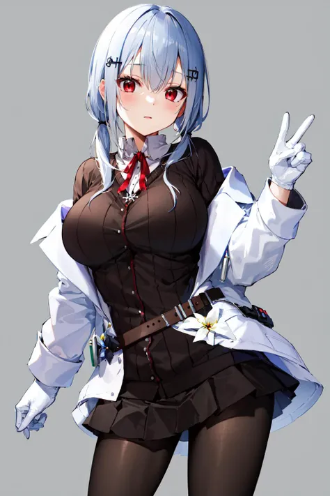 masterpiece, best quality, highres, hmhy1, low twintails, hair ornament, large breasts, red ribbon, collared shirt, sweater, labcoat, open clothes, off shoulder, long sleeves, flower, belt, white gloves, pleated skirt, black pantyhose, <lora:hakase_fuyuki_v1-3:0.7>, cowboy shot, standing, simple background,