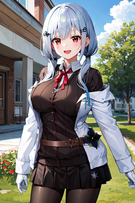 masterpiece, best quality, highres, hmhy1, low twintails, hair ornament, large breasts, red ribbon, collared shirt, sweater, labcoat, open clothes, off shoulder, long sleeves, flower, belt, white gloves, pleated skirt, black pantyhose, <lora:hakase_fuyuki_v1-3:0.7>, cowboy shot, standing, outdoors, smile, open mouth,