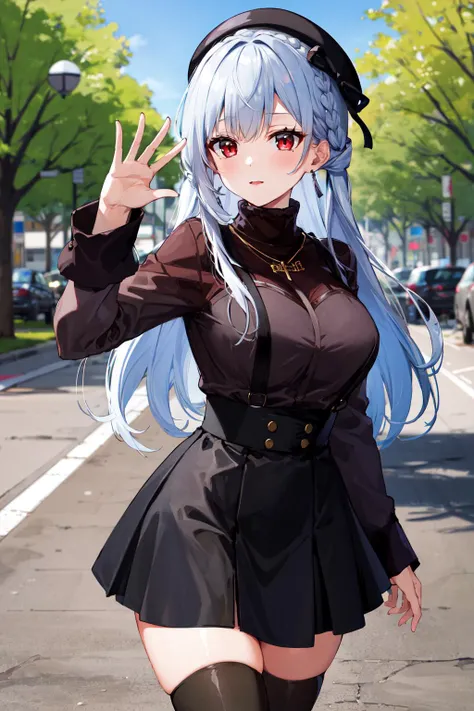 masterpiece, best quality, highres, hmhy1, hat, black thighhighs, suspender skirt, jewelry, necklace, long sleeves, large breasts, beret, turtleneck sweater, black sweater, <lora:hakase_fuyuki_v1-3:0.7>, cowboy shot, outdoors, waving, outdoors