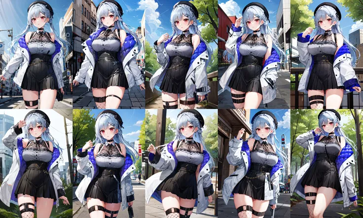 masterpiece, best quality, highres, hmhy1, hat, beret, braid, hairclip, large breasts, black choker, grey shirt, sleeveless shirt, white jacket, open jacket, long sleeves, black skirt, fishnets, thigh strap, single thighhigh, <lora:hakase_fuyuki_v1-3:0.7>, standing, cowboy shot, outdoors