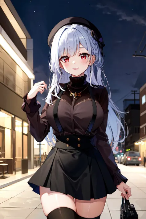masterpiece, best quality, highres, hmhy1, hat, black thighhighs, suspender skirt, jewelry, necklace, long sleeves, large breasts, beret, turtleneck sweater, black sweater, <lora:hakase_fuyuki_v1-3:0.7>, cowboy shot, outdoors, night, smile,