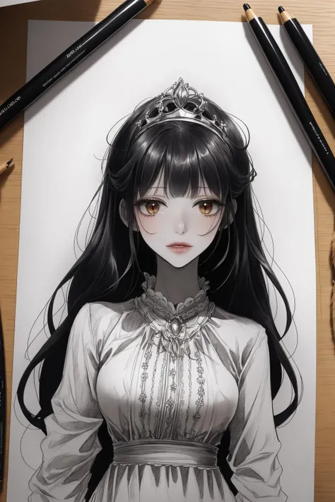 princess, ((very dark skin)), ((dark skin)), ((dark-skinned female)), frilly billow sleeved dress, curly hair, big hair, long hair, portrait, monochrome, Outline, Sketch, <lora:EMS-38755-EMS:0.800000>