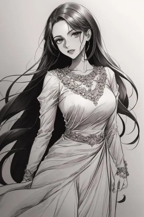 princess,  ((very dark skin)),  ((dark skin)),  ((dark-skinned female)),  frilly billow sleeved dress,  curly hair,  big hair,  long hair,  portrait, monochrome, Outline, Sketch, <lora:EMS-38755-EMS:0.800000>