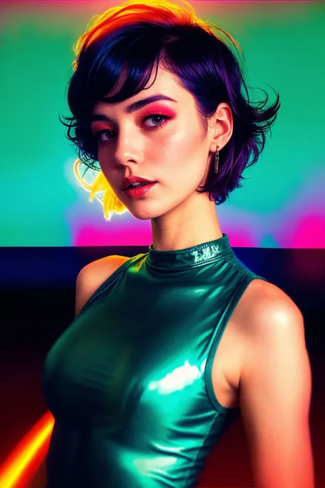 Gibraltarian woman in her 30's, upper body, bodysuit rave clothes, Crew cut hair cut, Teal hair color, fill lighting, (infrared filter:1.5), glitch style, detailed skin, skin blemish, <lora:raveclothesv1:0.9> <lora:polyhedron_new_skin_v1.1:0.15>
