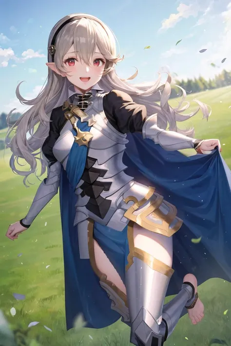 masterpiece, best quality, femcorrin, hairband, blue cape, collared shirt, juliet sleeves, armor, armored legwear, barefoot, running, field, blue sky, smile, open mouth, looking at viewer <lora:corrin-nv-v1-000014:0.9>