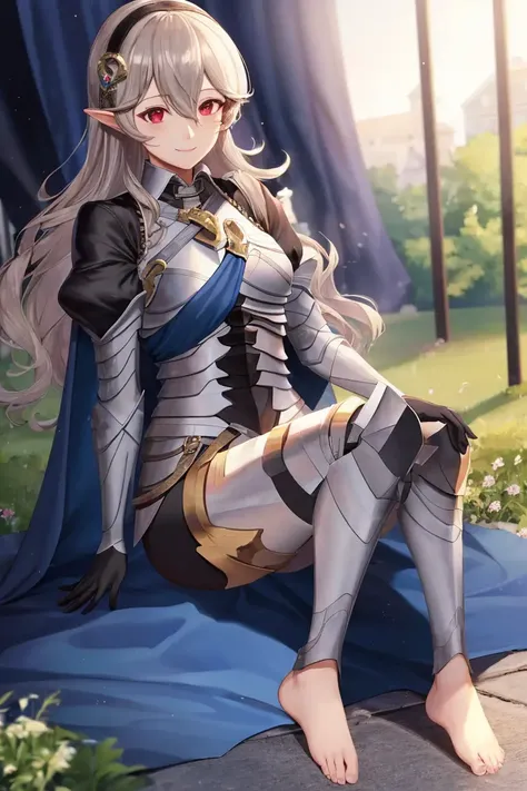 masterpiece, best quality, femcorrin, blue cape, collared shirt, juliet sleeves, armor, armored legwear, black gloves, barefoot, sitting, smile <lora:corrin-nv-v1-000014:0.9>