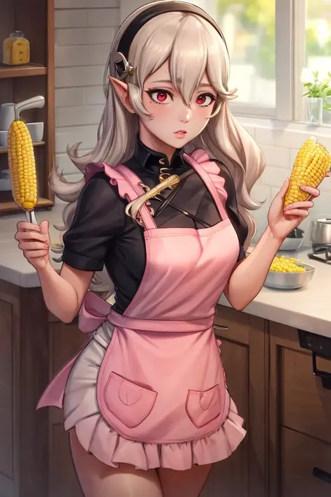 masterpiece, best quality, femcorrin, kitchen, pink apron, white dress, holding a cob of corn, confused <lora:corrin-nv-v1-000014:0.75>