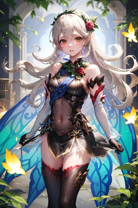 masterpiece, best quality, respCorrin, hair ornament, rose, black dress, bare shoulders, elbow gloves, fairy wings, black thighhighs, standing, dark forest, fireflies, looking at viewer, curious <lora:corrin-nvwls-v2-2-000010:0.9>