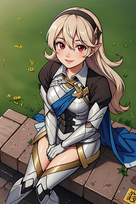 masterpiece, best quality, defCorrin, black hairband, armored dress, blue cape, juliet sleeves, puffy sleeves, vambraces, black gloves, armored legwear, looking at viewer, sitting on the ground, holding own knees, field, from above, smile <lora:corrin-nvwls-v2-2-000010:0.8>