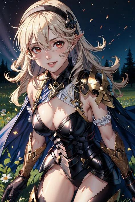 masterpiece, best quality, legCorrin, black hairband, cleavage, black armor, shoulder armor, gauntlets, black gloves, torn cape, black leotard, black legwear, looking at viewer, smile, cowboy shot, night, field, aurora <lora:corrin-nvwls-v2-2-000010:0.9>