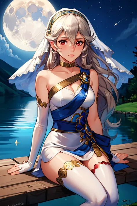 masterpiece, best quality, adrCorrin, white dress, veil, single glove, single thighhigh, lake, lakeside, night, sitting, looking at viewer, moon, emotionless <lora:corrin-nvwls-v2-2-000010:0.8>