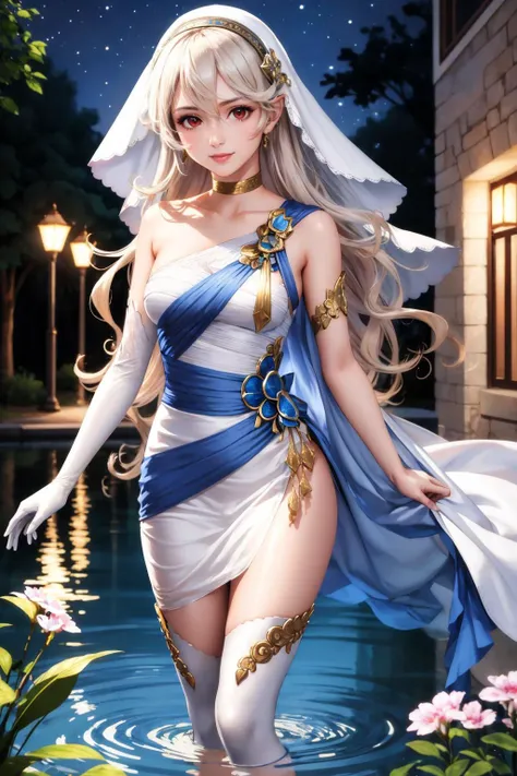 masterpiece, best quality, adrCorrin, white dress, veil, single glove, single thighhigh, lake, blue glow, night, looking at viewer, smile, standing, standing in water <lora:corrin-nvwls-v2-2-000010:0.9>