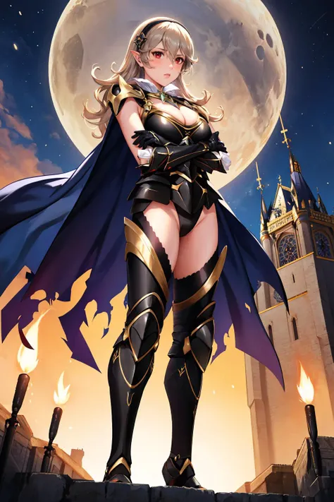 masterpiece, best quality, legCorrin, black hairband, cleavage, black armor, shoulder armor, gauntlets, black gloves, torn cape, black leotard, black legwear, crossed arms, serious, looking at viewer, from below, night, torches, castle, gothic architecture <lora:corrin-nvwls-v2-2-000010:0.9>
