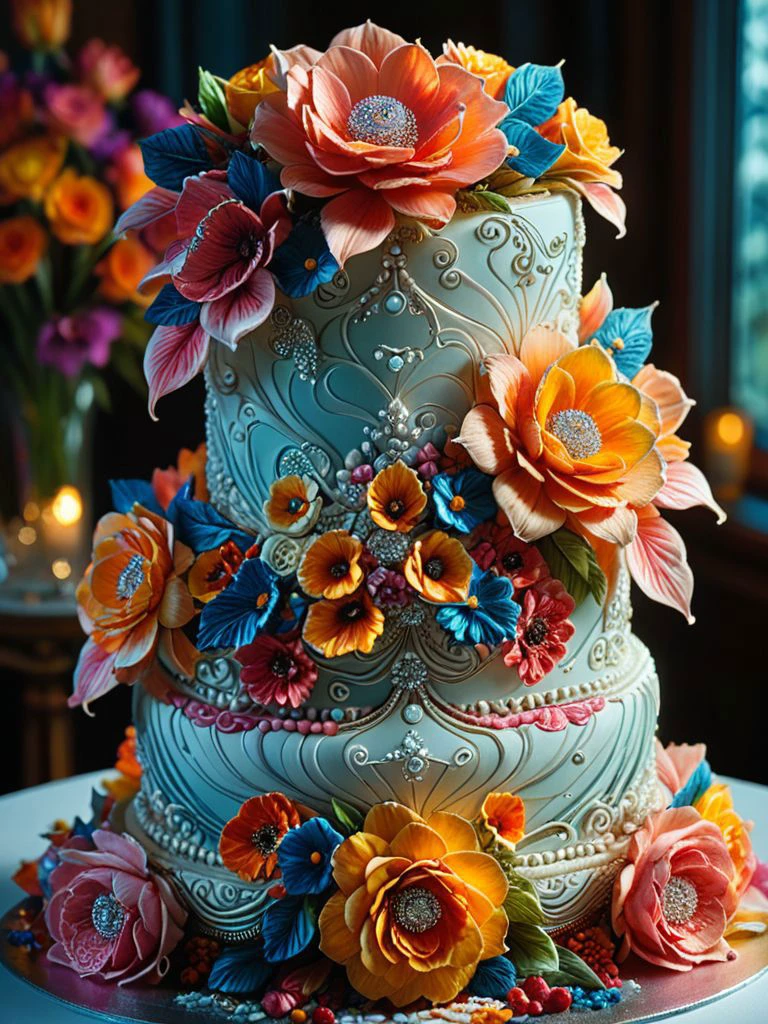 (extremely detailed, realistic, perfect lighting, vibrant colors,intricate details), closeup of diamond wedding cake, giant flowers, wimmelbilder, layered lines, chiaroscuro, best quality, masterpiece, highres, absurdres, incredibly absurdres, huge filesize, wallpaper,( film grain:0.1) <lora:RMSDXL_Enhance:1> <lora:psychedelicai-SDXL:0.8> <lora:xl_more_art-full_v1:0.8> psychedelicai, wide shot, vivid colors, pro color graded <lora:MJ52:0.5> <lora:sd_xl_dpo_lora_v1:0.5> <lora:RMSDXL_Creative:.2> <lora:attractive:0.4>