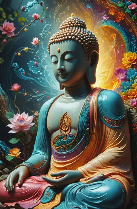 (extremely detailed, realistic, perfect lighting, vibrant colors,intricate details), buddha's dream of serenity, wimmelbilder, layered lines, chiaroscuro, best quality, masterpiece, highres, absurdres, incredibly absurdres, huge filesize, wallpaper,( film grain:0.1) <lora:RMSDXL_Enhance:1> <lora:psychedelicai-SDXL:0.8> <lora:xl_more_art-full_v1:0.8> psychedelicai, wide shot, vivid colors, pro color graded <lora:MJ52:0.5> <lora:sd_xl_dpo_lora_v1:0.5> <lora:RMSDXL_Creative:.2> <lora:attractive:0.4>