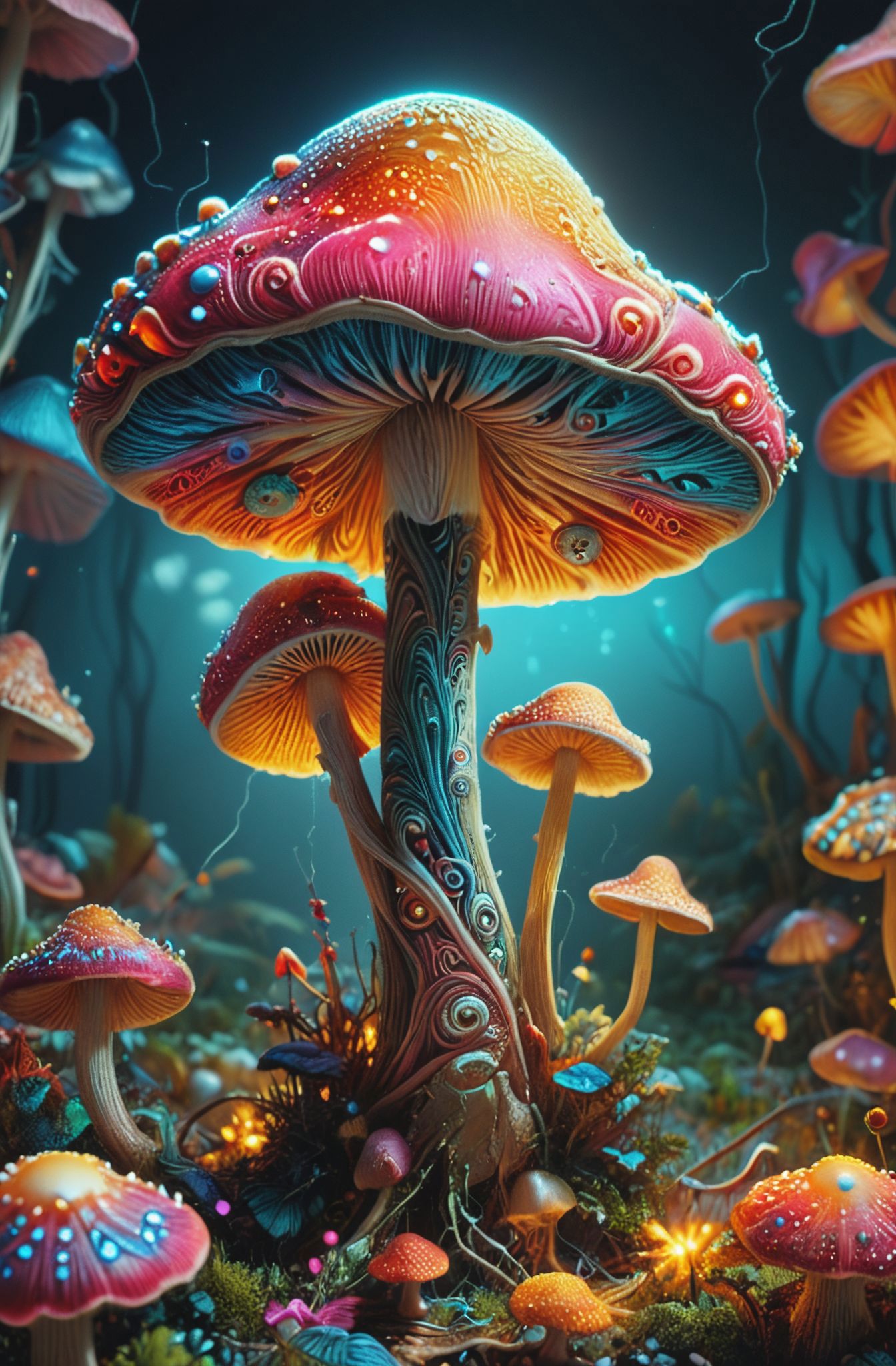 A close up of a mushroom with many different colored mushrooms - SeaArt AI
