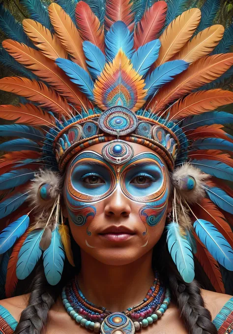digital illustration, portrait of (psychedelicai:1.2) Amazonian shamaness, feather headdress, woven vines, face paint, chiaroscuro, fractal patterns, tribalistic. <lora:psychedelicai-SDXL:1>