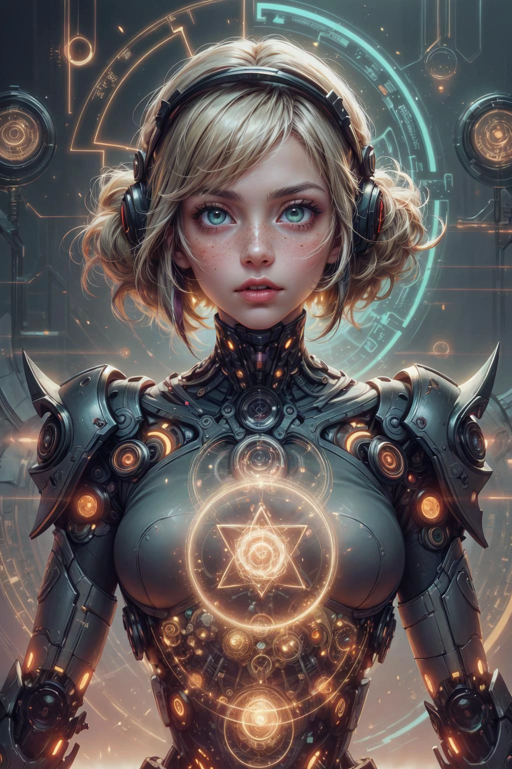(Masterpiece:1.2), best quality, (illustration:1.2), (ultra-detailed), hyper details, (delicate detailed), (intricate details), clear line, high contrast, colorful, (Photoshop Pastel Painting), (Cinematic masterpiece), <lora:add_detail:1>, <lora:sharpen-soften:-0.25>, <lora:kittew_v0.1:0.3>,
<lora:GoodHands-beta2:0.8>,
1 girl, adult hungarian woman, freckles, green eyes, natural blonde shaggy hair, ombre,
Style-GravityMagic, solo, from front, front view, upper body, detailed background, detailed face, (<lora:GlyphTech:0.5>, glyphs, scifi, hologram, glyphtech theme:1.1), cyber-shaman, trance-like expression, wearing shamanic clothes, , techwear, tribal circuitry markings, ceremonial metallic amulet, union of ancient traditions and advanced technology, sacred geometry, , spirit-infused technology, channeling machine magic, mechanical magic, floating particles, lit-up cyber-glyphs, epic atmosphere,