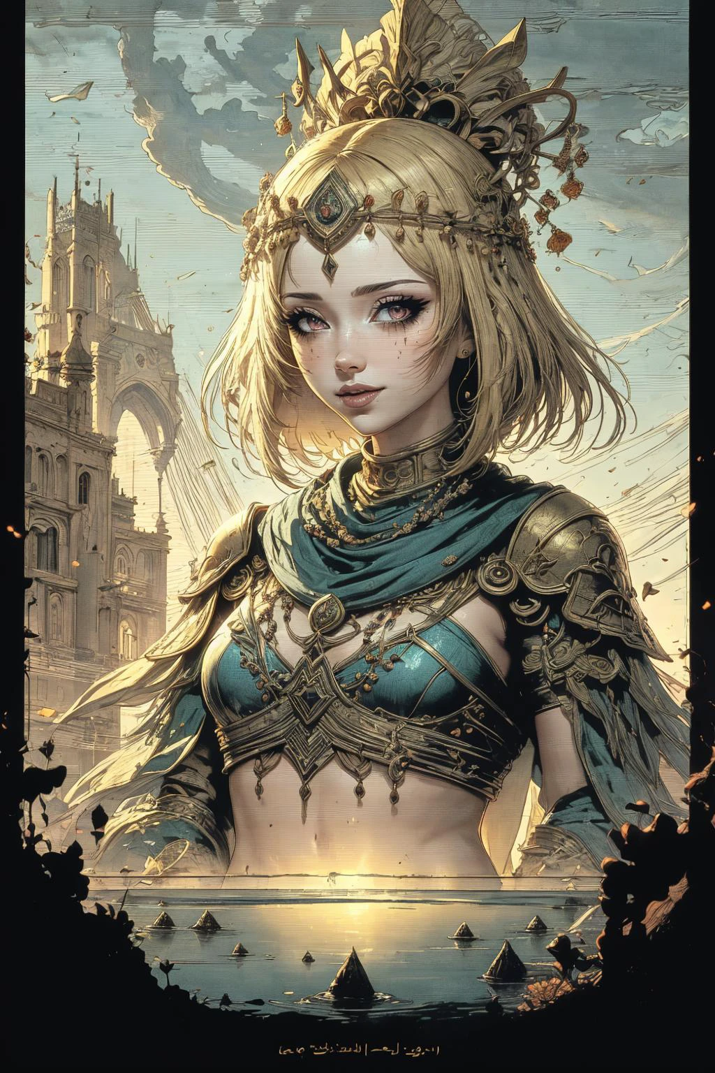 (masterpiece:1), (best quality:1), high contrast, strong shadows, outlines, <lora:graphicNovelStyle_v10:0.2>, <lora:realistic:0.3>, <lora:sharpen-soften:-0.3>,
<lora:GoodHands-beta2:0.8>,
1 girl, adult czech woman, pink eyes, medium blonde medium hair,
portrait, solo, (full body:0.6), looking down, detailed background, detailed face, (<lora:GlyphTech:0.5>, hologram, glyphtech theme:1.1) middle-eastern desert warrior, light blue berber armor, shawl, mosaic patterns dynamic pose, smile, andalusian culture, lotus pond in background, sandstorm, backlighting, cinematic atmosphere,