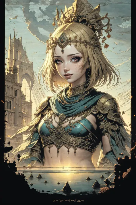 (masterpiece:1), (best quality:1), high contrast, strong shadows, outlines, <lora:graphicNovelStyle_v10:0.2>, <lora:realistic:0.3>, <lora:sharpen-soften:-0.3>,
<lora:GoodHands-beta2:0.8>,
1 girl, adult czech woman, pink eyes, medium blonde medium hair,
portrait, solo, (full body:0.6), looking down, detailed background, detailed face, (<lora:GlyphTech:0.5>, hologram, glyphtech theme:1.1) middle-eastern desert warrior, light blue berber armor, shawl, mosaic patterns dynamic pose, smile, andalusian culture, lotus pond in background, sandstorm, backlighting, cinematic atmosphere,