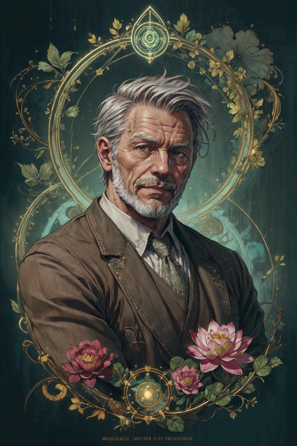 (inked original-art:1.2), (lineart:1.31), (fine-details:1.3), limited-palette, (depth), <lora:add_detail:0.5> <lora:realistic:.4>
(1man, wrinkled face, old male:1.2), frail, black eyes, gray hair, spiky hair,
(Style-SwampMagic:0.4), focus on character, portrait, solo, half shot, looking at viewer, detailed background, detailed face, (<lora:GlyphTech:0.5>, symbols, glyphtech theme:1.1), working, botanical researcher, roots, mandrake, colorful plants, blooming flowers, magic, green energy, healing magic, green color scheme, lotus, seeds, research, botanical laboratory in background, magical atmosphere,