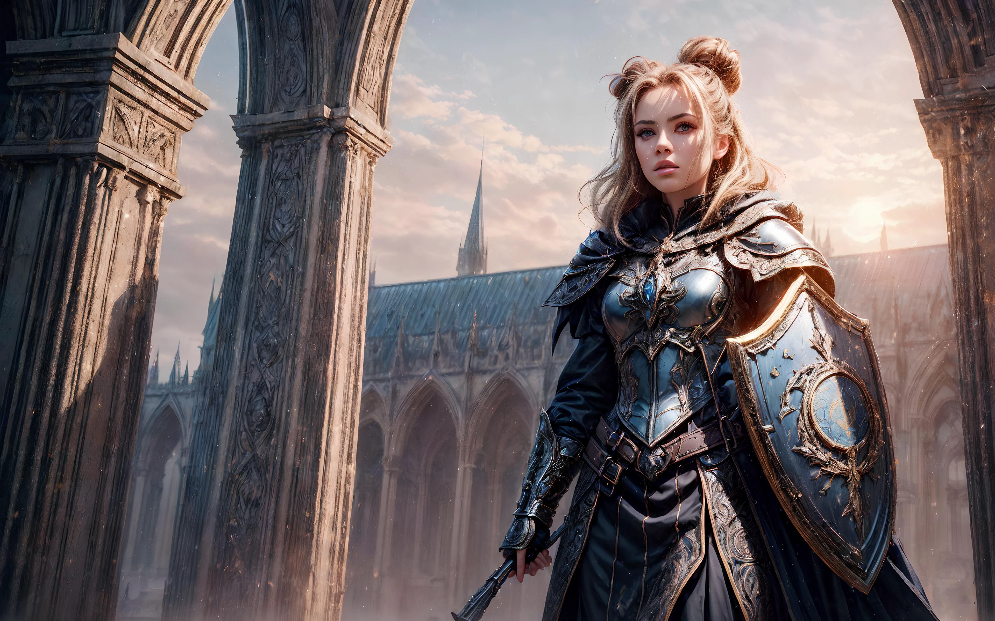 masterpiece, epic, majestic, best quality, very high resolution, 8k, hdr, digital photography, dynamic pose, Junoesque 20 years old female Tahltan witch, amber eyes, (light blonde hair, bun hair:1.1), looking at camera with a steely expression, solo, establishing shot, looking up, detailed background, detailed face, (<lora:GlyphTech:0.5>, symbols, hologram, glyphtech theme:1.1), sentry, standing firm, resolute, shield, gauntlets, coat of arms, turrets in background, fortified, wind blowing, sunrise, medieval atmosphere,, (iridescent:0.7), (transparent:0.8), (translucid:0.8), (reflection:0.6), (refraction:0.3), (diffraction:0.3), (caustics:0.3), volumetric lights, volumetric shadows, (subsurface scatering:0.4), physically based rendering, (intricate details:1.3), hyperdetailed, ultrarealistic, (sharp focus:1.2) <lora:hyperdenoiser_v090:1.5> <lora:add_detail:1.5>